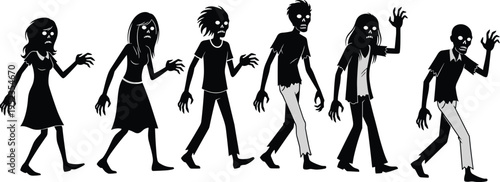 Cartoon zombie silhouettes walking in line with eerie expressions, tattered clothing, creepy poses, perfect for Halloween artwork, horror design, spooky illustration, and storytelling projects.