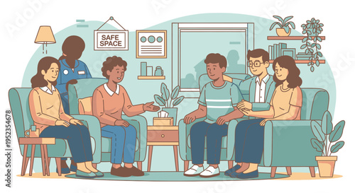 Diverse group of people in a supportive group therapy session.