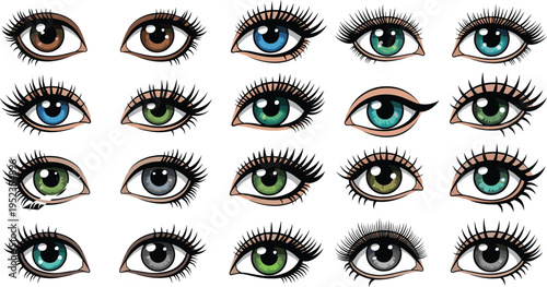 Collection of illustrated human eyes in diverse colors and shapes, showcasing anatomy, character design inspiration, artistic diversity, and creative representation 