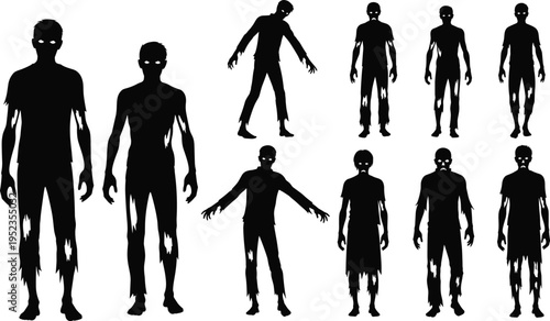 Group of eerie zombie silhouettes with glowing eyes, tattered clothing, creepy poses, horror theme, spooky design perfect for Halloween artwork, storytelling, and graphic illustration projects.