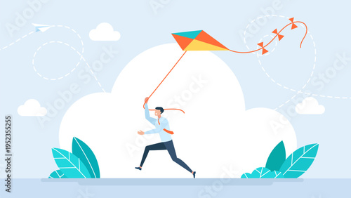 Energetic businessman running and flying a colorful kite in the sky, representing business freedom, startup success, creative vision and soaring career ambitions. Vector illustration.