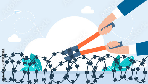 Hands using heavy duty bolt cutters to cut through sharp barbed wire fence, symbolizing concept of freedom, overcoming obstacles, breaking barriers and escaping from restriction. Vector illustration.