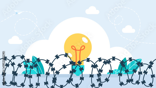 Bright light bulb shining behind sharp barbed wire fence, representing protected intellectual property, restricted creative ideas, freedom of thought or censorship. Vector illustration.