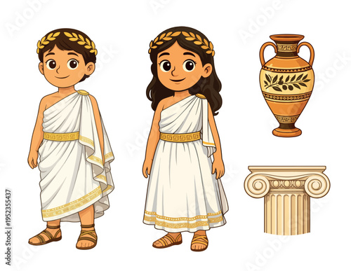 Cute cartoon ancient Greek boy and girl in togas with laurel wreath, amphora and column icon set.