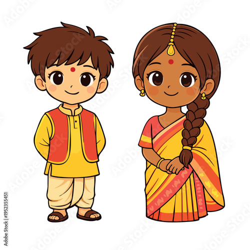 Cute Indian boy and girl in traditional costume with braid and short hair cartoon characters.