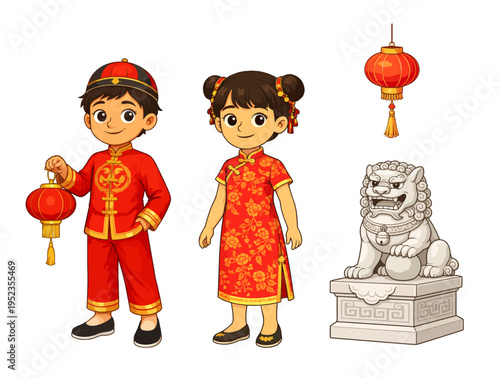 Cute Chinese boy and girl in traditional costume with buns and short hair, lantern and lion statue.