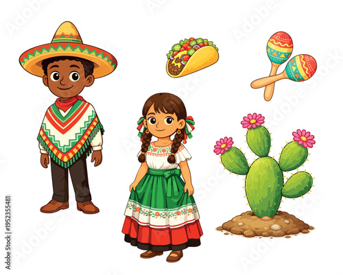 Cute Mexican boy and girl in traditional costume with braids and short hair with cultural icons.