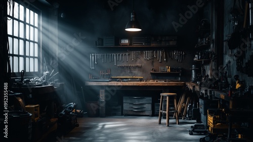 Gritty Industrial Workshop Interior with Atmospheric Window Glow
