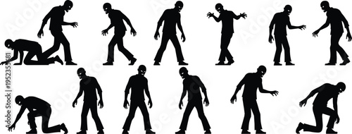 Silhouettes showing transformation of human figures into eerie zombie creatures with creepy poses, horror theme, spooky Halloween design perfect for artwork, storytelling, and illustration projects.