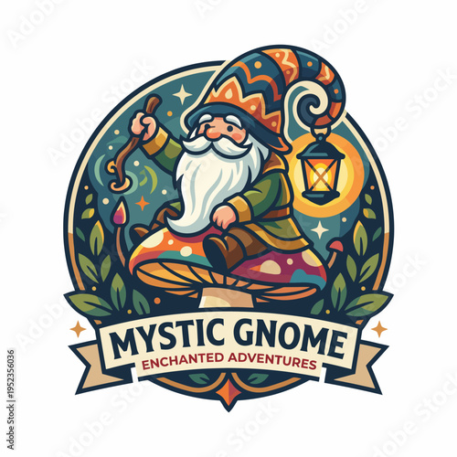 This whimsical logo depicts a charming gnome sitting on a mushroom, capturing the essence of enchanted adventures with a lantern and a playful, colorful design.