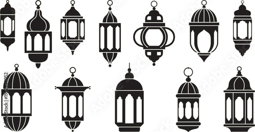 Islamic lantern silhouettes collection featuring traditional Ramadan lamps with decorative designs, representing festive lighting, cultural heritage, spirituality, and Middle Eastern decorative 