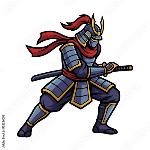 This detailed illustration presents a fierce samurai warrior in battle stance, wearing traditional armor and brandishing a katana, conveying themes of honor and courage.