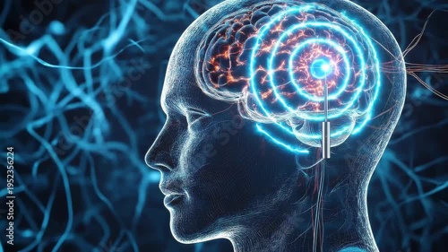 3D anatomical cutaway render of human head and brain showing deep brain stimulation electrode precisely inserted into subthalamic nucleus, thin platinum electrode rendered with perfect metallic sheen