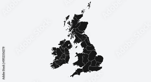Black Silhouette Map of the United Kingdom with Internal Borders on a White Background
