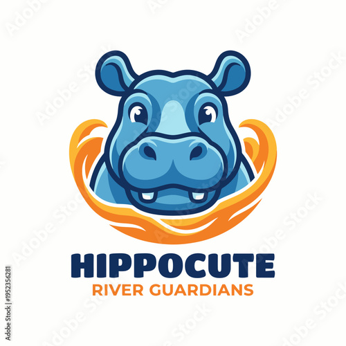 This logo features an adorable blue hippo emerging from a splash of orange water, symbolizing guardianship and protection of river ecosystems with a playful touch.