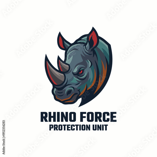A fierce rhino head logo symbolizing the strength and importance of wildlife conservation efforts, designed with bold colors and sharp details for an impactful visual.