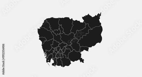 Cambodia Map Silhouette with Provinces - Black and White Vector Illustration