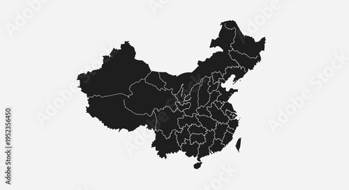 China Map Silhouette - Political Divisions, Black and White Outline on Gray Background