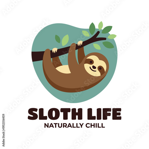 This adorable sloth is depicted hanging from a branch with a serene expression, representing tranquility, joy, and a laid-back lifestyle, perfect for conveying relaxation themes.
