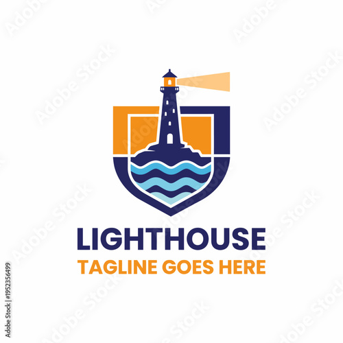 An elegant depiction of a lighthouse sitting on a shield with waves, symbolizing guidance, safety, and hope, capturing the essence of coastal serenity and exploration.