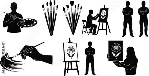 Artist and painting silhouette collection with brushes palette easel and people, creative hobby artwork process, painter tools and figures isolated vector illustration set