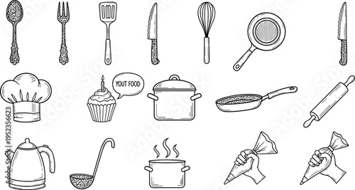 Collection of hand-drawn kitchen utensils and baking items in a doodle style