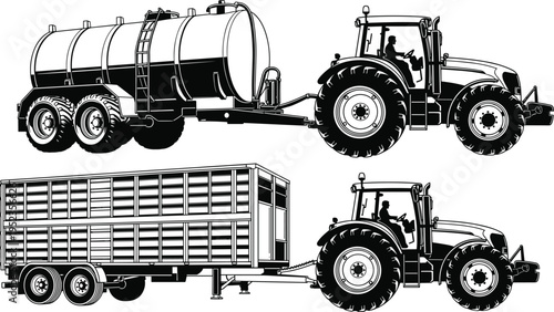 Agricultural tractor with tanker trailer and livestock transport trailer set, farming vehicles and transport equipment isolated vector illustration for agriculture, logistics and rural industry design