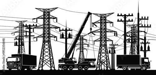 Electric power transmission network with high voltage towers, trucks and crane, energy infrastructure construction scene, utility grid maintenance silhouette isolated vector illustration for industry