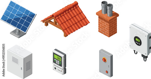 Home energy and electrical installation set with solar panel, roof tiles, chimney, inverter, control panel and switch box, residential power system components isolated vector illustration