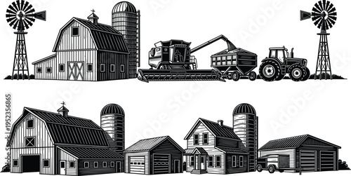 Farm landscape set with barn, silo, windmill, tractor and combine harvester, rural buildings and agriculture machinery isolated vector illustration for countryside and farming design