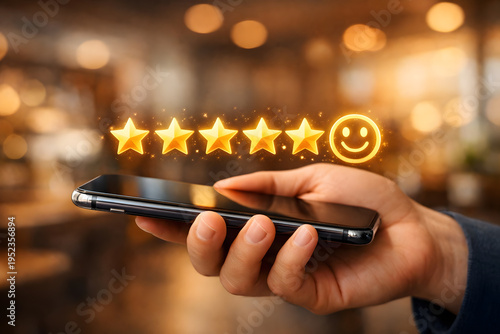 Hand holding a smartphone displaying a five star rating with a smiley face