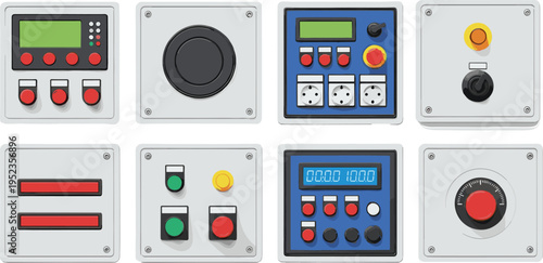 Industrial control panels with buttons, switches and digital displays, electrical control interface set, automation equipment collection isolated vector 