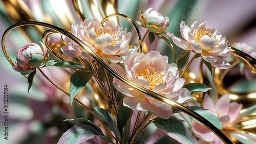 Delicate Peonies with Abstract Gold Swirls Soft Pastel Background