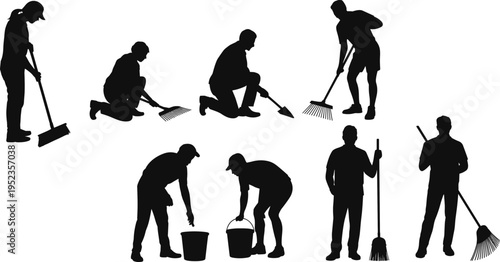 Cleaning workers silhouettes collection showing janitors sweeping, mopping, and maintaining hygiene in workplace environments, representing sanitation, housekeeping services, and professional 