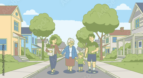Family walking down suburban street together.
