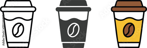 Minimalist Coffee Cup Icon Set with Line Art, Silhouette, and Color Disposable Cup Designs with Bean Symbol