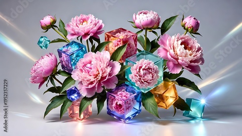 Pink Peonies in Colorful Geometric Cubes with Light Rays