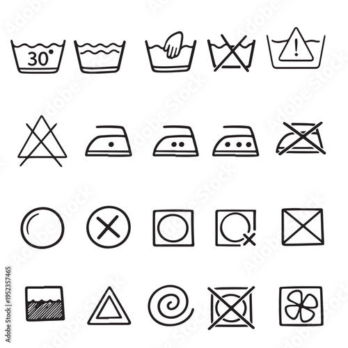 Laundry care label symbols collection. Clothes washing instruction icon vector set. Isolated care tag sign on white background. Vector illustration