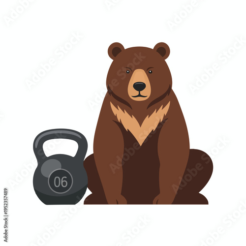 A brown bear sits next to a kettlebell with the number 06 on it