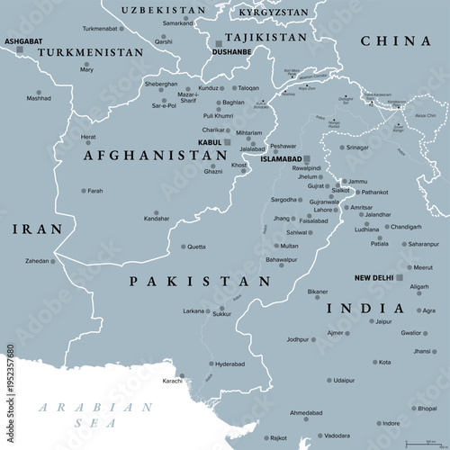 Afghanistan and Pakistan, South Asia, gray political map with international borders, capitals, largest cities, with Wakhan Corridor in the Hindu Kush, Kashmir region, and other claimed regions. Vector