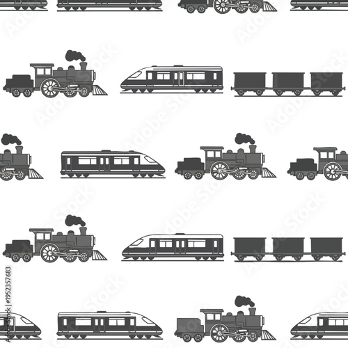 Collection of various train types and cargo cars on a white background