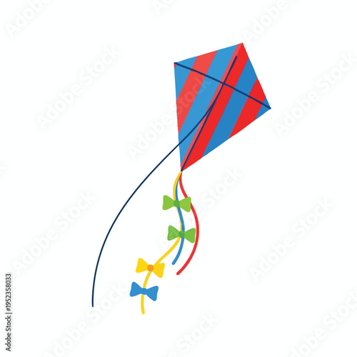 A striped red and blue kite with colorful streamers and bows flying