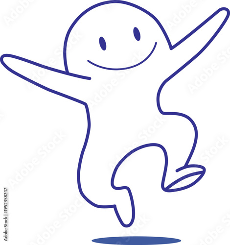 A simple blue line drawing of a smiling humanoid figure with outstretched arms on a white background  victor illustration