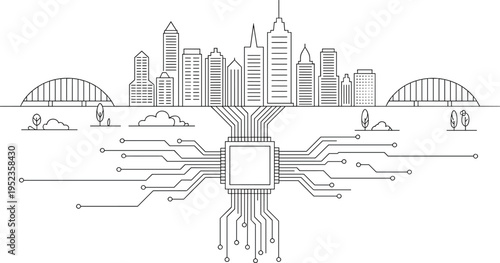 City skyline connected to a central computer processor chip