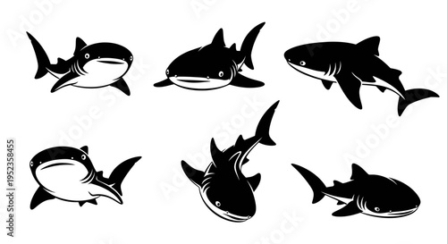 Set of Black Shark Silhouettes on White Background, Vector Illustrations