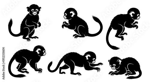 Set of Black Monkey Silhouettes in Various Poses on White Background