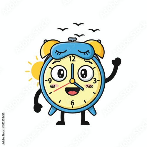 Cheerful alarm clock character wearing a sleep mask waves hello as the sun rises