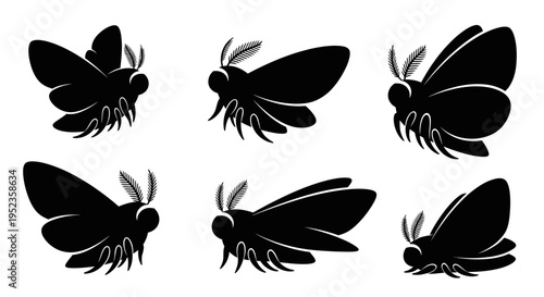 Set of Black Moth Silhouettes in Various Poses, Isolated on White Background