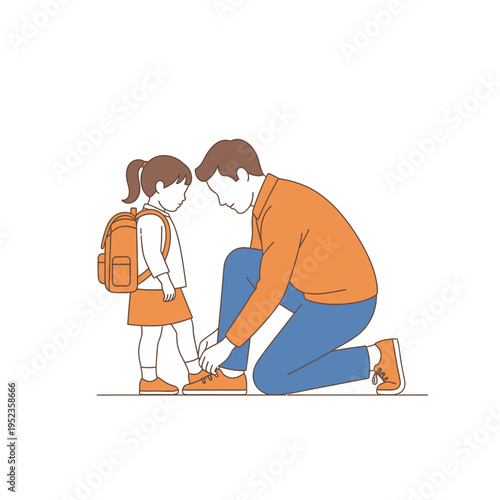 Father helps daughter tie shoelaces before school.