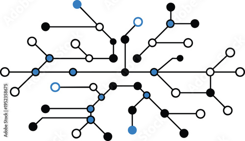 Network diagram with black white and blue circles and connecting lines